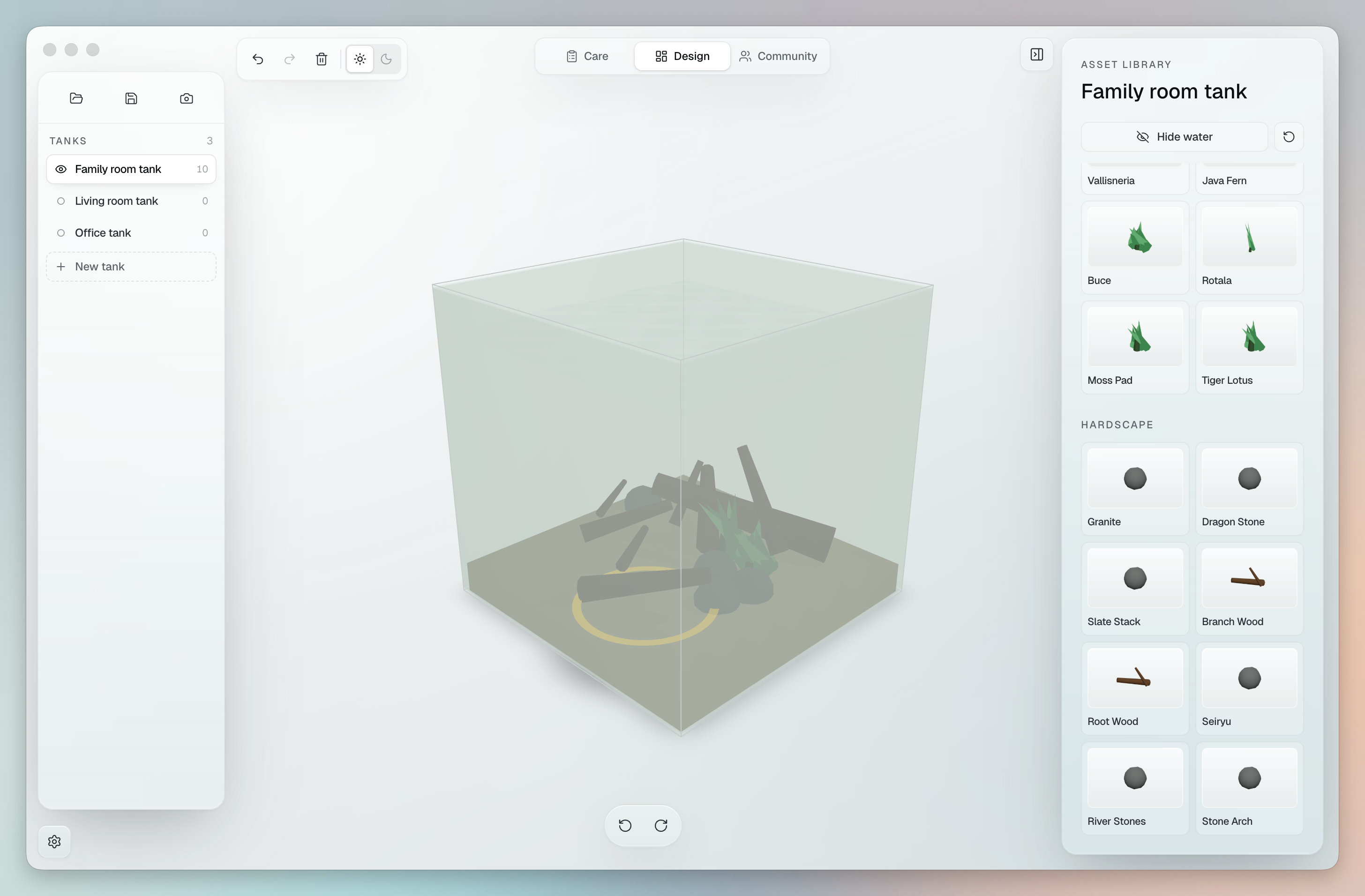 The Dorsal desktop app open on the tank designer, with its three tabs and a tank taking shape